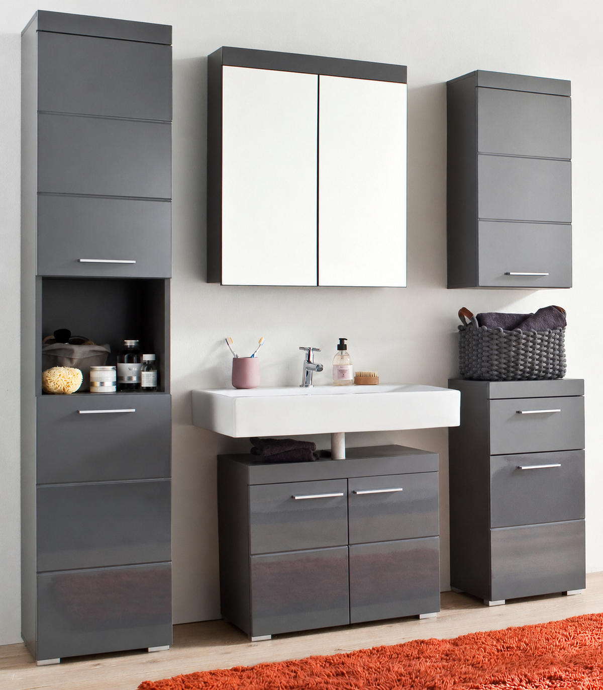 BADMÖBEL-SET grau Hochglanz 2-teilig 60 x 190 cm, Badkombnation in modernem Design - Grau, Glas/Holzwerkstoff (60/77/17cm) - Top.Furn