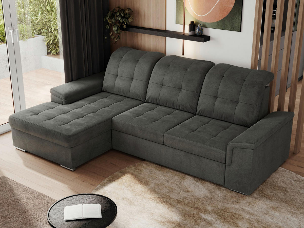 ECKSOFA MADRITO L - Dunkelgrau Velorus - Links - Dunkelgrau/Silberfarben, Textil/Metall (160/256cm)