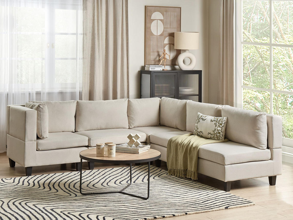 ECKFSOFA Modul 5-Sitzer rechtsseitig Hellbeige Stoff Unstad - Beige/Schwarz, Textil (228/228cm) - Beliani