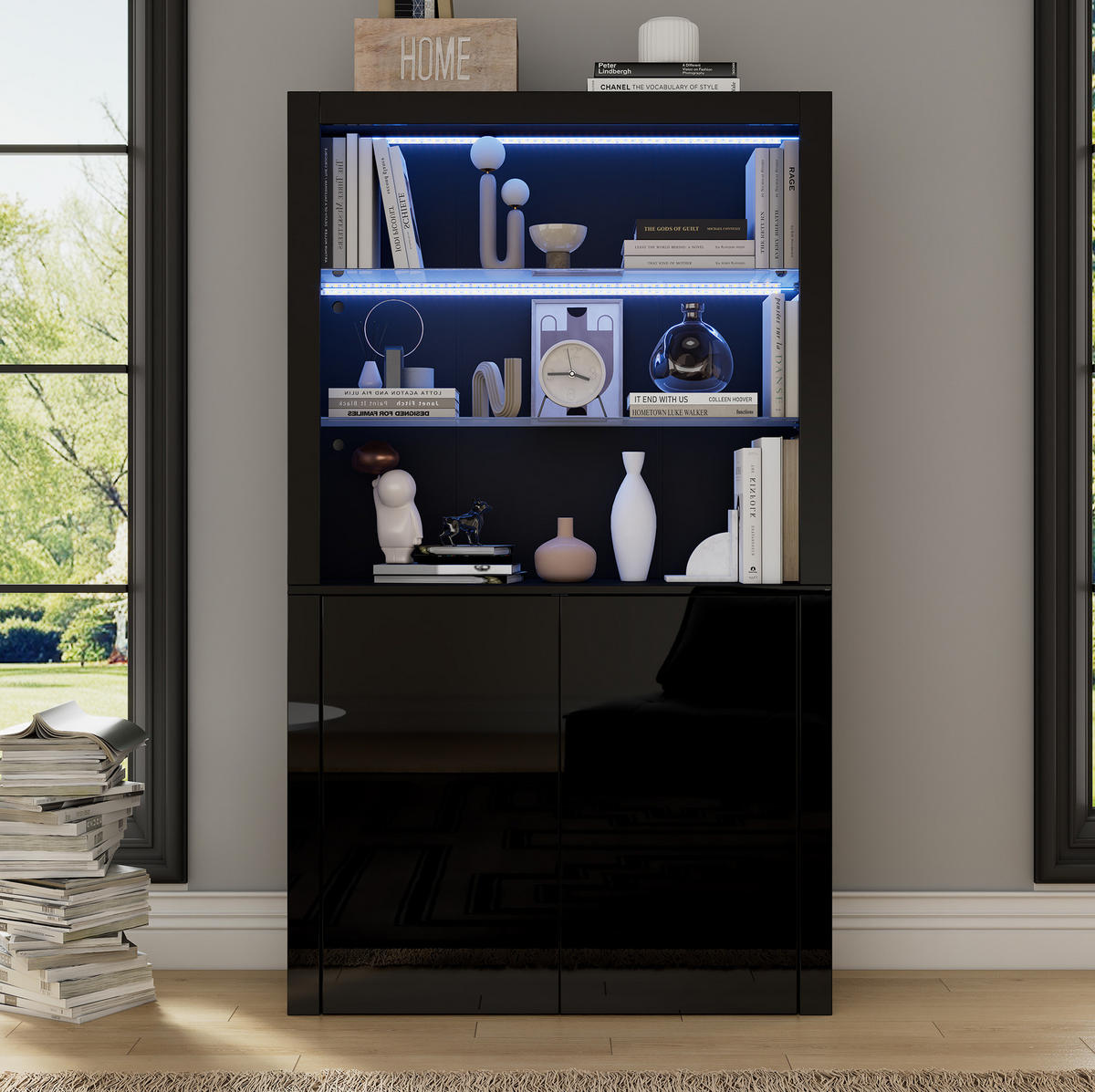 VITRINE 100/35/170 cm Schwarz aus MDF, Spanplatte und Glas mit LED-Beleuchtung - Schwarz, Holzwerkstoff (35/170/100cm) - OKMYHOME