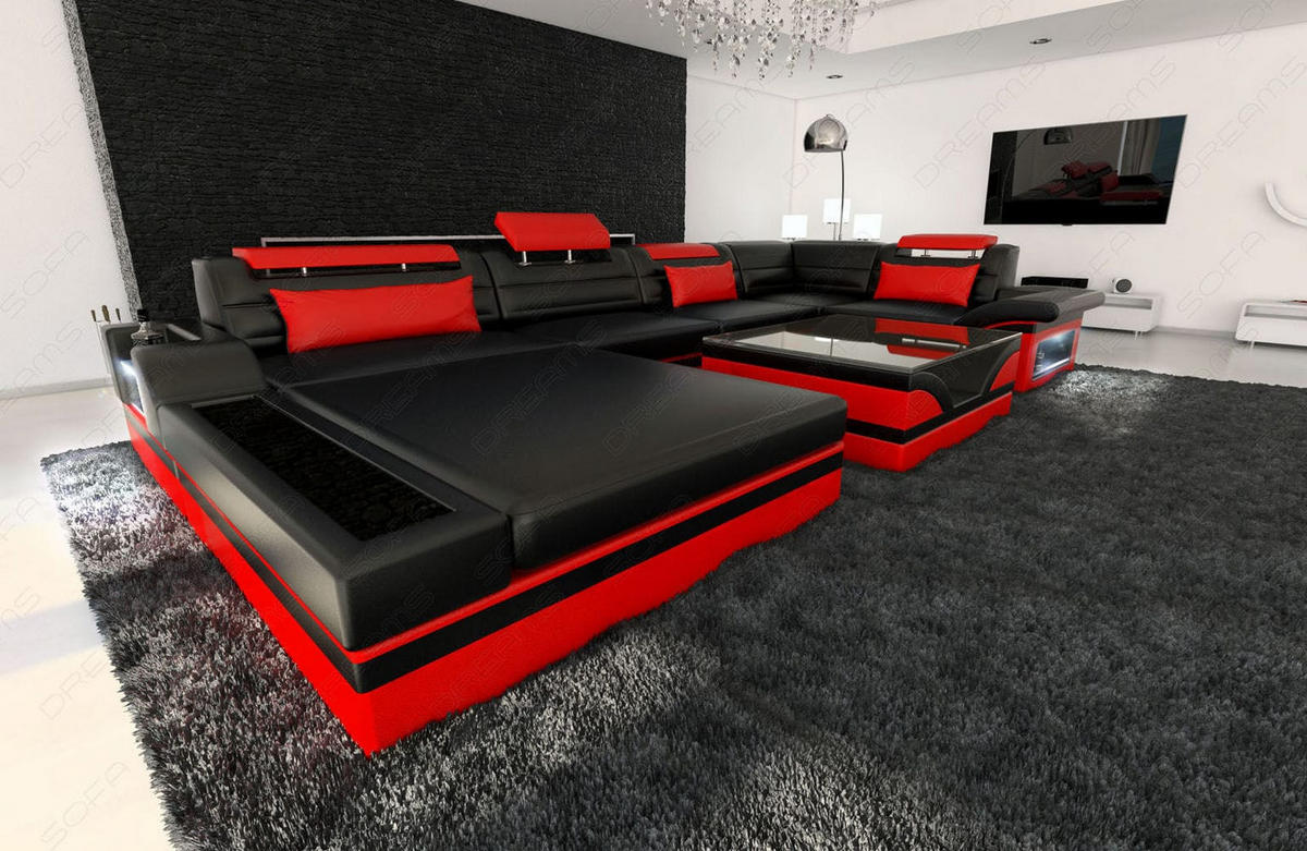 SOFA Mezzo U Schwarz Rot Echtleder - Schwarz, Leder (372/78/214cm)