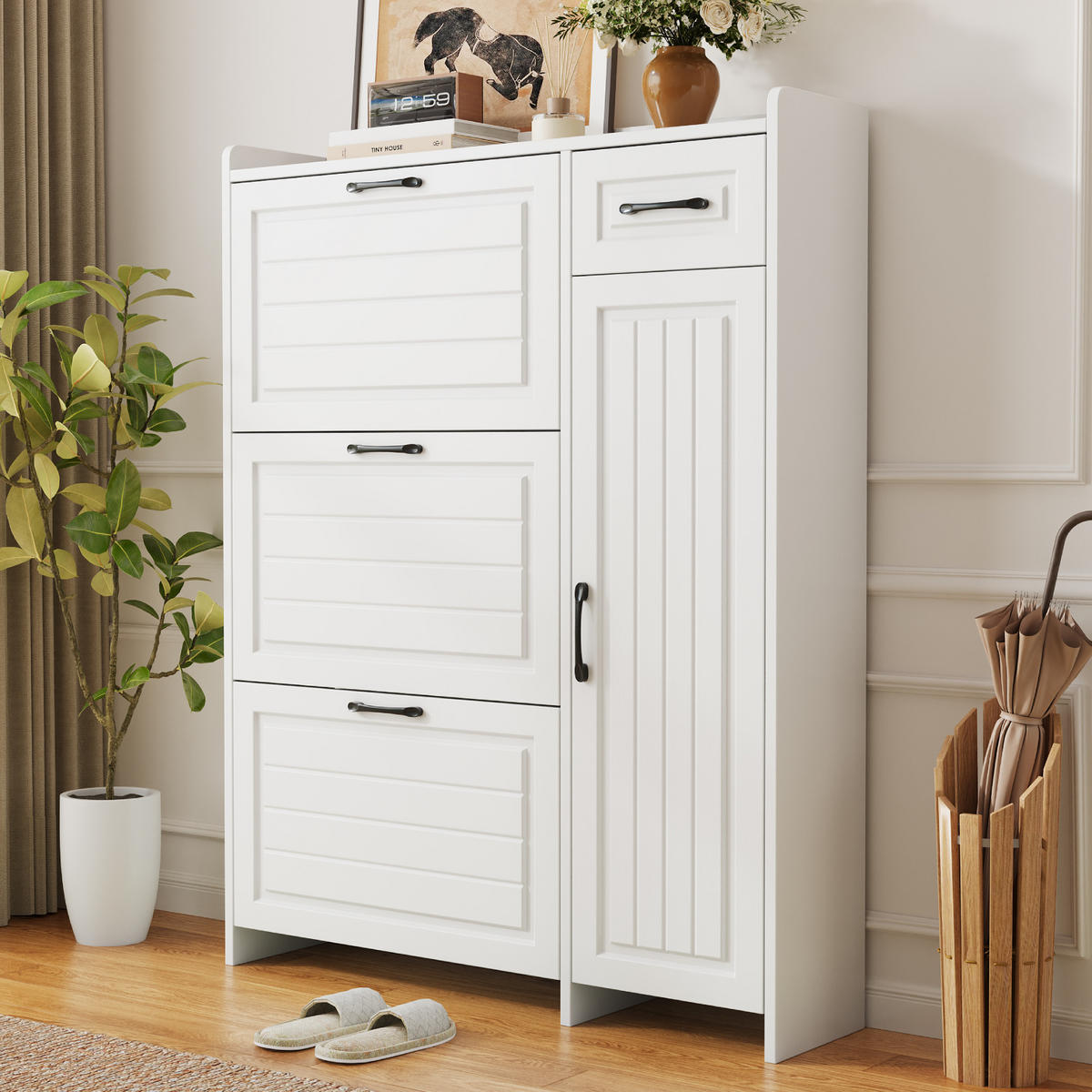 SCHUHSCHRANK 92x24x121cm Weiß mit 3 Klappen und Schublade - Weiß, Holzwerkstoff (92/121/24cm) - FLIEKS