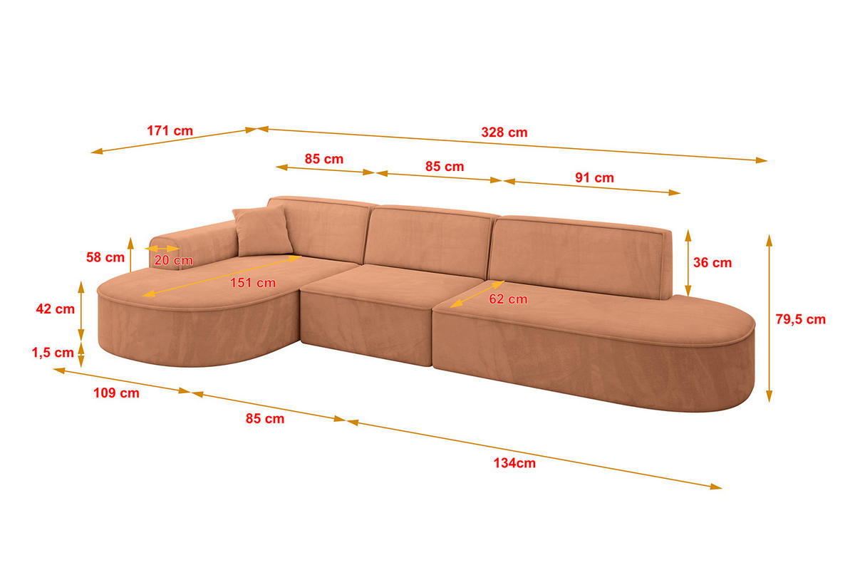 ECKSOFA Ottomane Links MARI-L2 - 328x171x79 cm Orange Velours - Schwarz/Orange, Holzwerkstoff/Kunststoff (328/171cm) - ALTDECOR