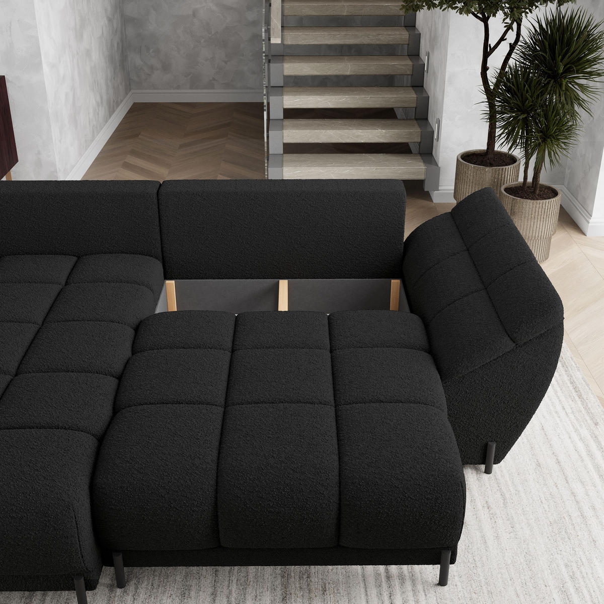 ECKSOFA VESTANO L-S Schwarz Boucle-Stoff mit Schlaffunktion - Schwarz, Holz (287/182cm) - MASSENO