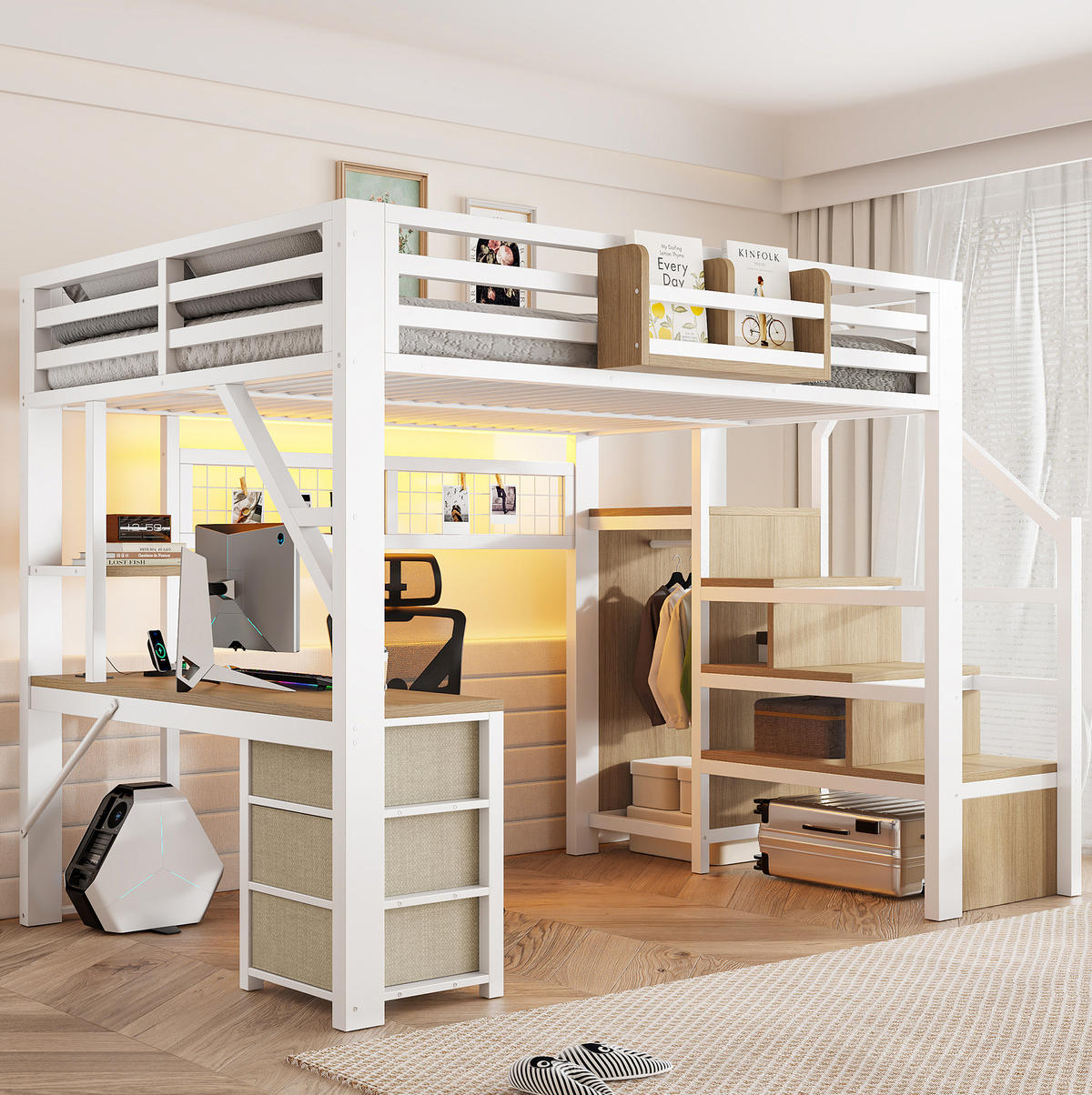 HOCHBETT 140x200 cm in Weiß mit Schreibtisch, Kleiderschrank, LED-Beleuchtung und Stauraum - Weiß, Holzwerkstoff (140/200cm) - IVMEU