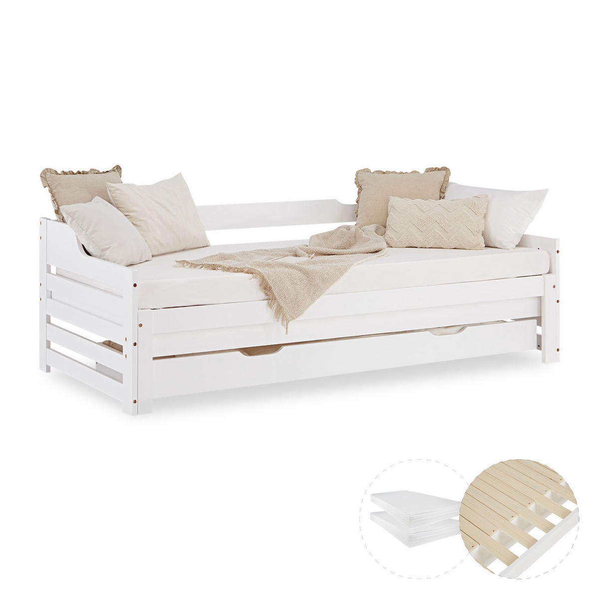 AUSZIEHBETT mit 2 Matratzen 90/200 cm Weiß - Weiß, Holz (90/200cm) - Homestyle4u