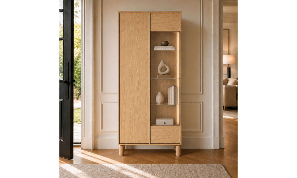 VITRINE LINDEN 89/40,6/197 cm mit Glastür mit LED Eiche Bookmatch - Eichefarben, Eichenholz/Holzwerkstoff (89/197/40.6cm) - Lookway