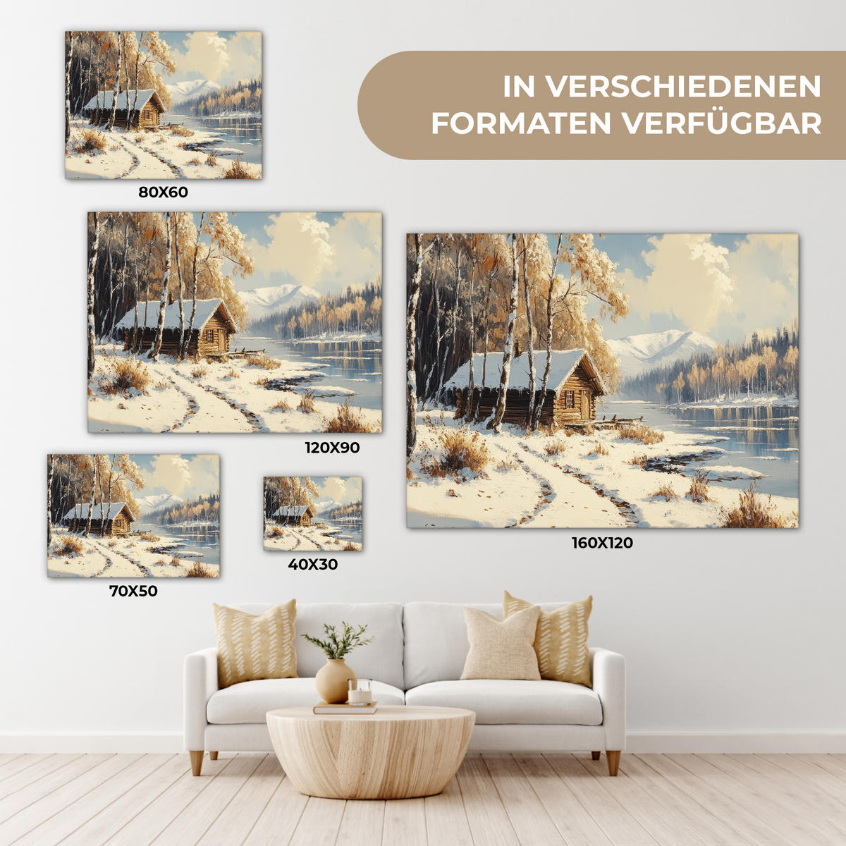 LEINWANDBILD Winter - Schnee - Zuhause - Natur 40x30 cm - Hellbraun, Textil (40/30cm) - MuchoWow