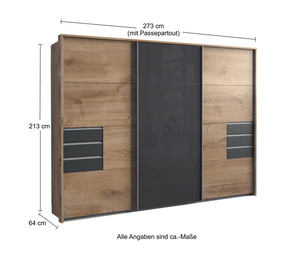 SKŘÍŇ S VZPÍRAJÍCÍMI SE DVEŘMI, 273 × 64 × 213 cm (Š×H×V), 3dveřová, pasparta, zásuvky, dekor dubu/šedé sklo / 22617 - barva hliníku/grafitová, kov/kompozitní dřevo (273/213/64cm) - luma-home