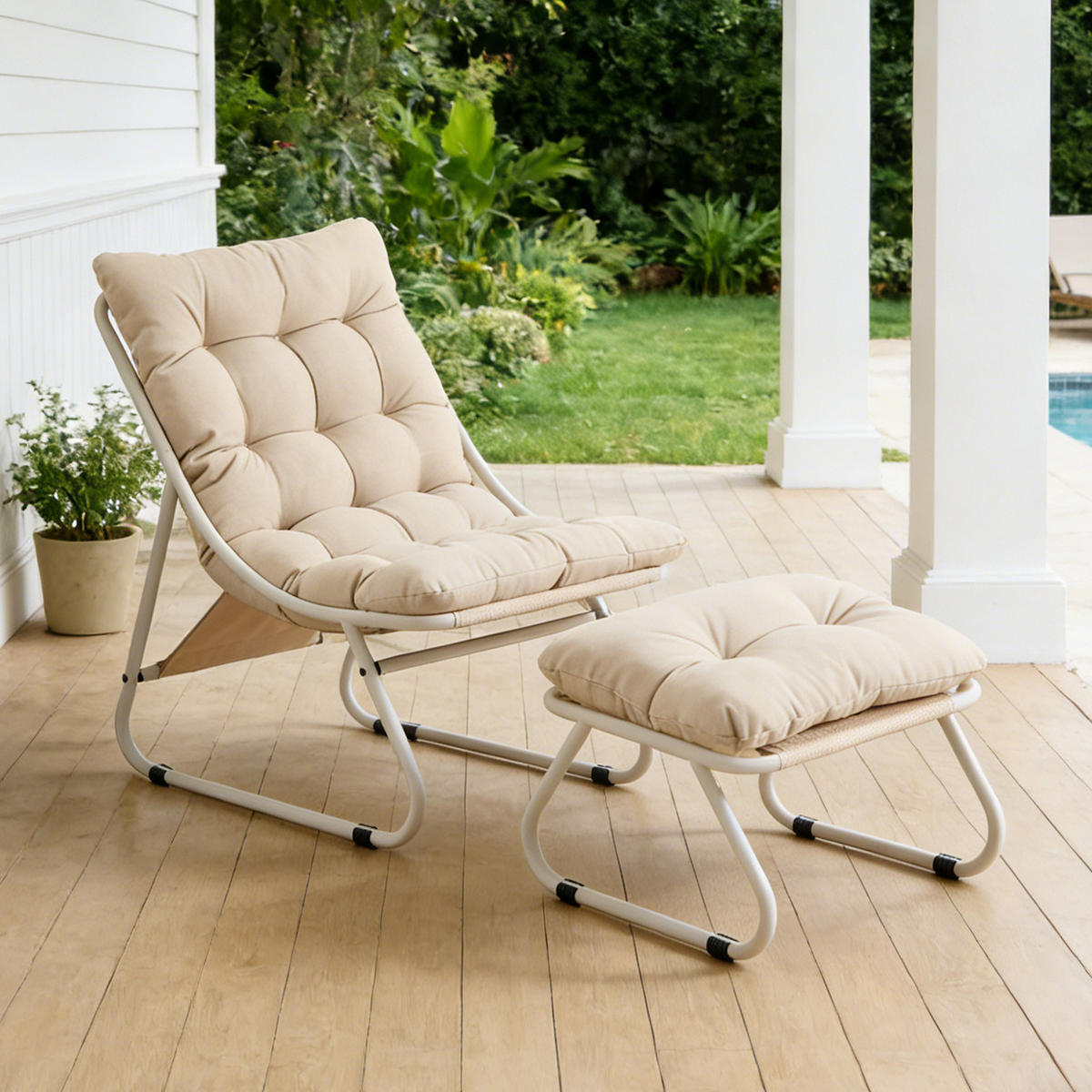 SESSELSET, Relaxsessel mit Hocker,Stahlrahmen,Polyester,Beige - Beige, Metall (78/86/65cm) - LVHOM
