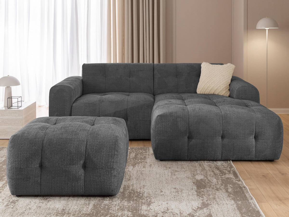 ECKSOFA inkl. Hocker Kozy im Bumpy-Design mit Schlaffunktion und fester Rückenlehne aus weichem Grau Chenille-Stoff - Ottomane rechts - Schwarz/Grau, Holz/Kunststoff (234/161cm) - S-Style Möbel