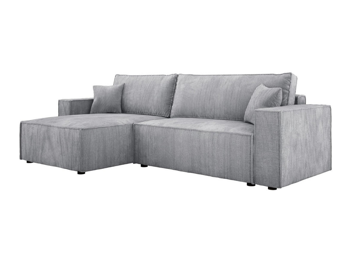 ECKSOFA POSO XL UNIVERSAL, Schlaffunktion und Lattenrost - L-Form, Cord, Federung auf Wellfedern, 274x143x83 cm, Links Silver - Silberfarben, Holz/Textil (277/143cm) - DomoHome