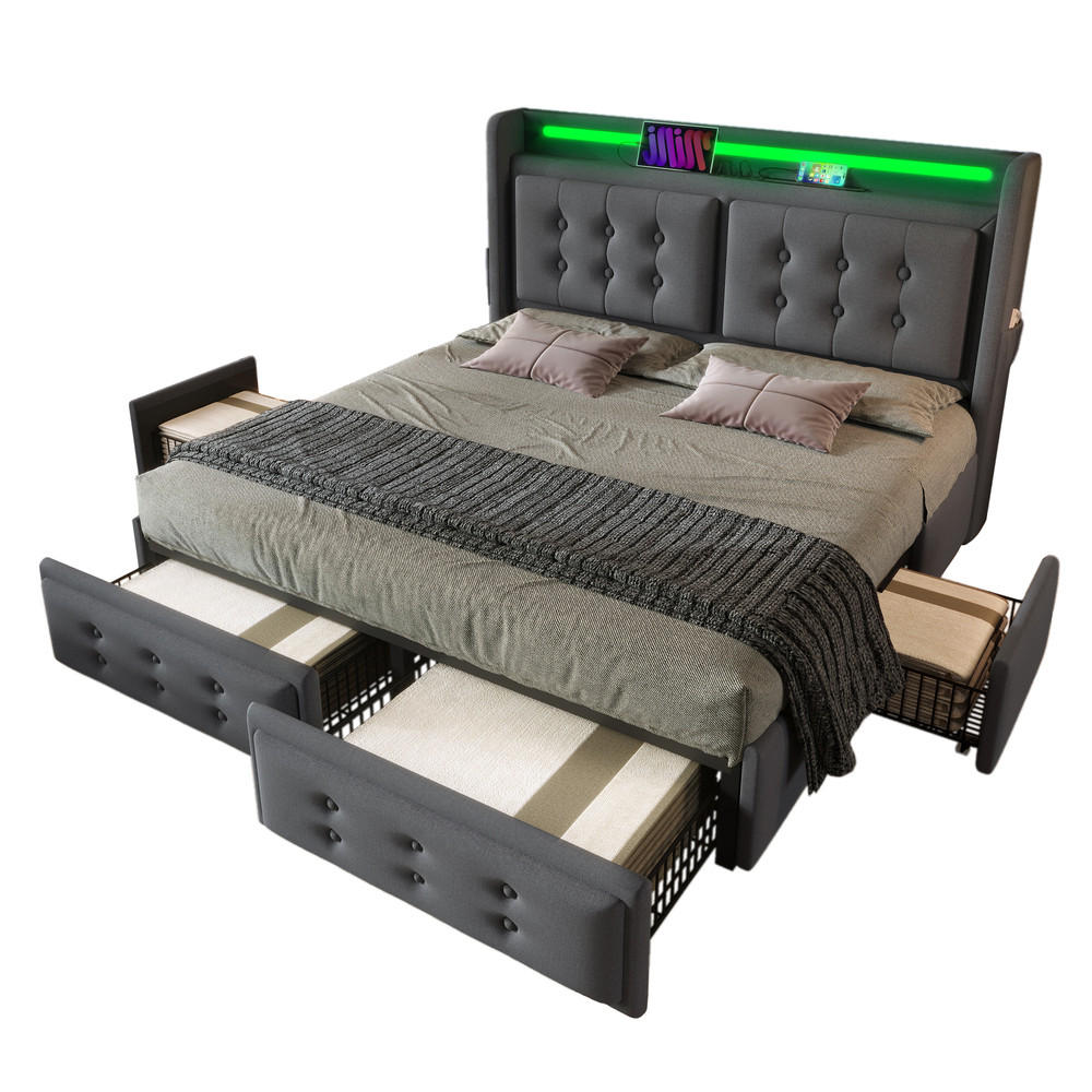 FLIEKS ČALOUNĚNÁ POSTEL 160x200 Šedá LED USB-C 4 Zásuvky