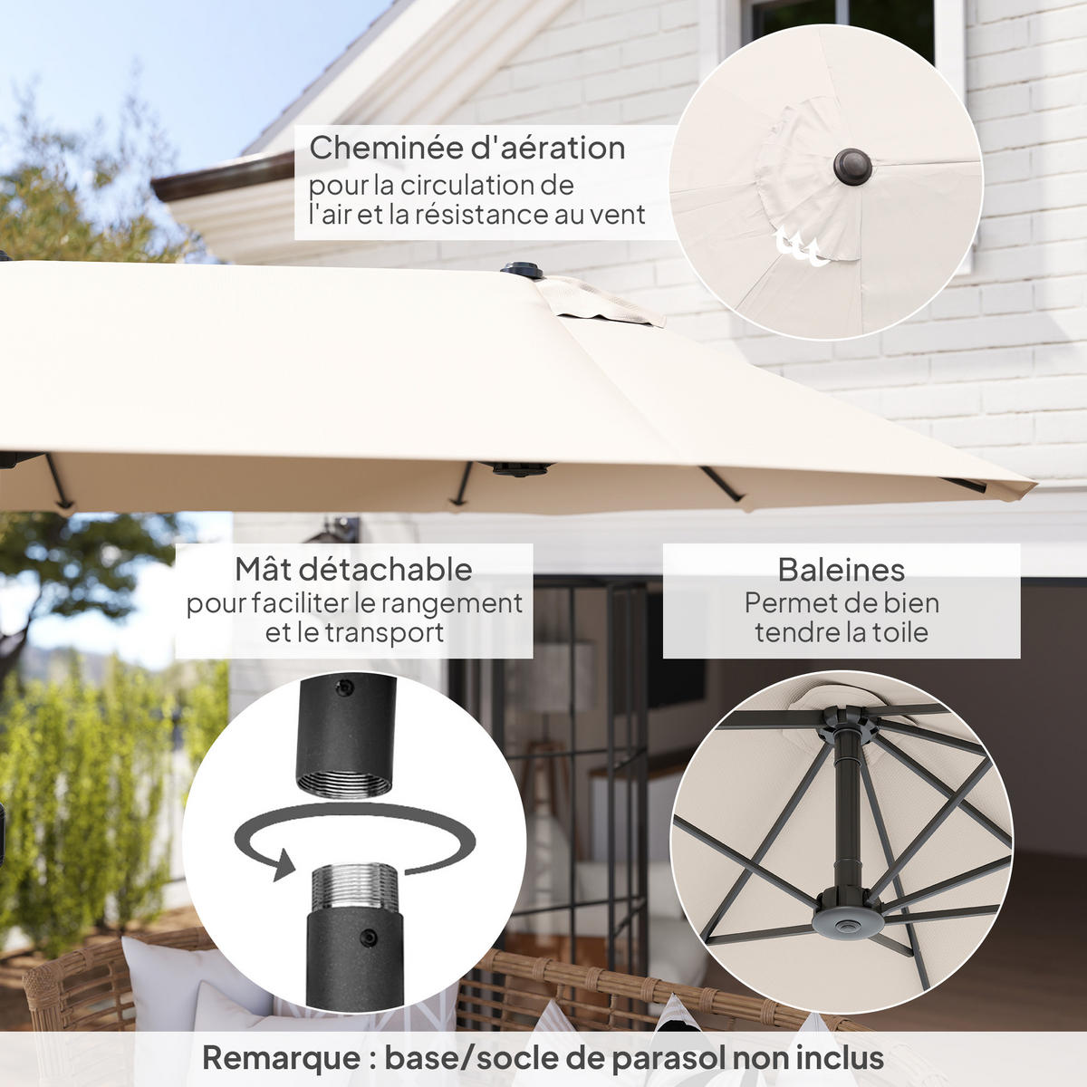 SONNENSCHIRM DE-11356 rechteckig, mit Kurbel, Stahl Creme - Creme, Metall (265/455cm) - ComfortXL
