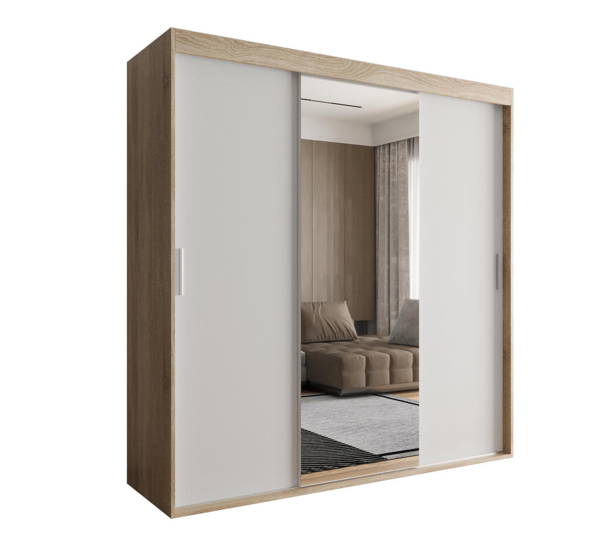 SCHIEBETÜRENSCHRANK OTARIO, 3-türig Kleiderschrank mit 1 Spiegel, Moderne Garderobe, Schrank in Größe: 180 x 205 x 60 cm - Weiß/Braun, Holzwerkstoff (180/205/60cm) - O-Sofa