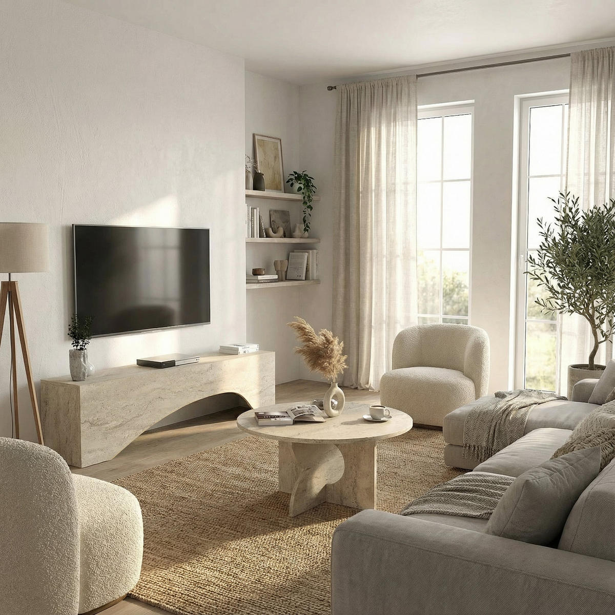 MOEBEL17 TV Lowboard 150 cm Travertin Optik – Modernes Lowboard TV Schrank – TV Board Wohnzimmer – Fernsehtisch Steinoptik – TV Möbel Sideboard Modern - Beige, Holzwerkstoff (158/45/9cm) - moebel17