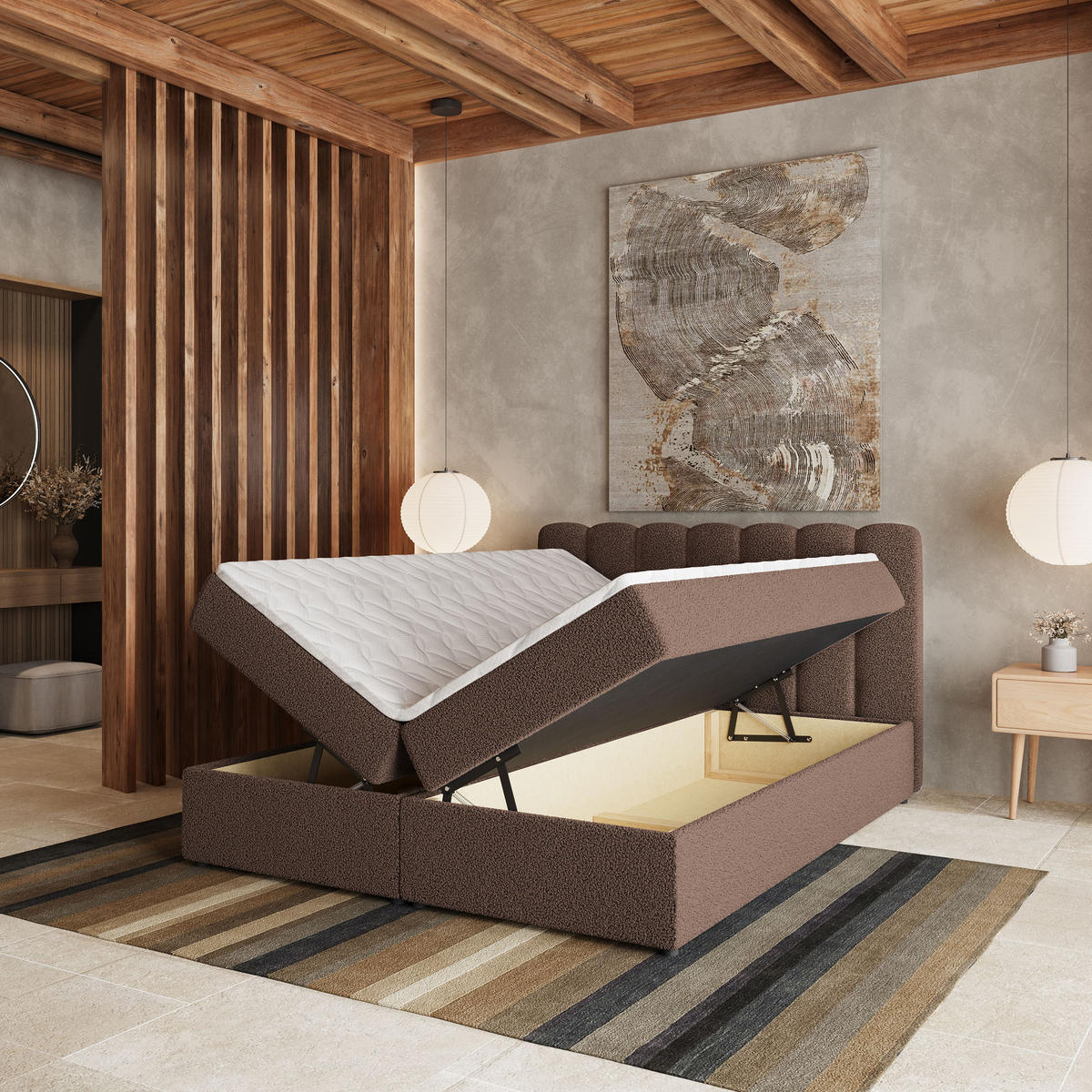 BOXBETT SOLIA 180x200 cm mit Matratze und Topper, H2+H3 - Braun - Braun, Holz (180/200cm) - MASSENO
