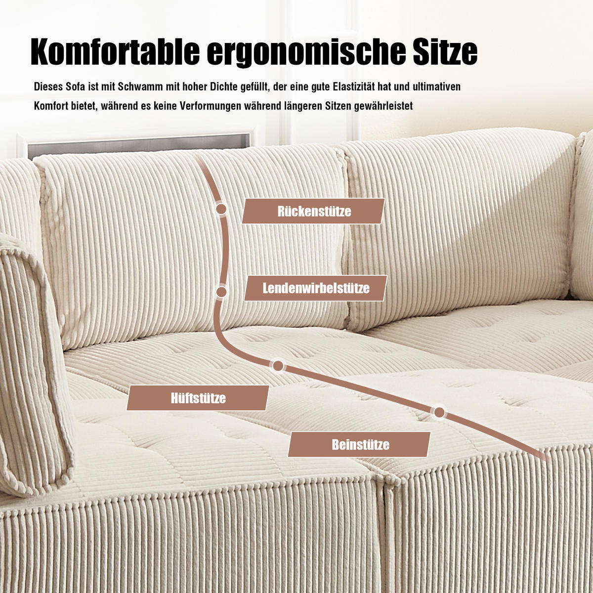 MODULARES 6-Sitzer Sofa Cord U-/L-Form und Eckschlafsofa Beige 308/154/82 cm - Beige, Textil (154/308cm) - Redom
