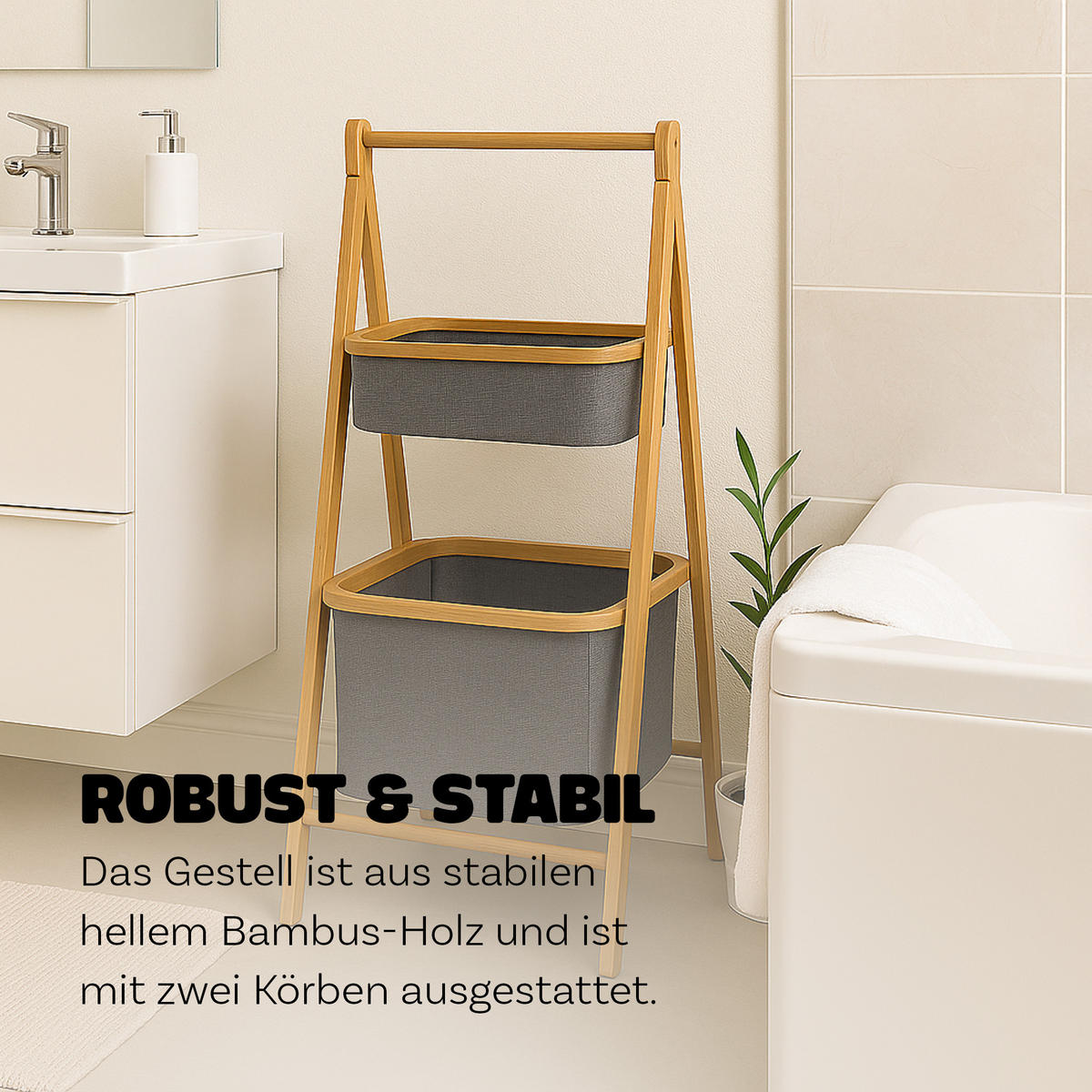 AUFBEWAHRUNGSREGAL Bambus mit 2 Stoffkörben - 34×45×97 cm - Grau, Textil (45/97/34cm) - Bestlivings