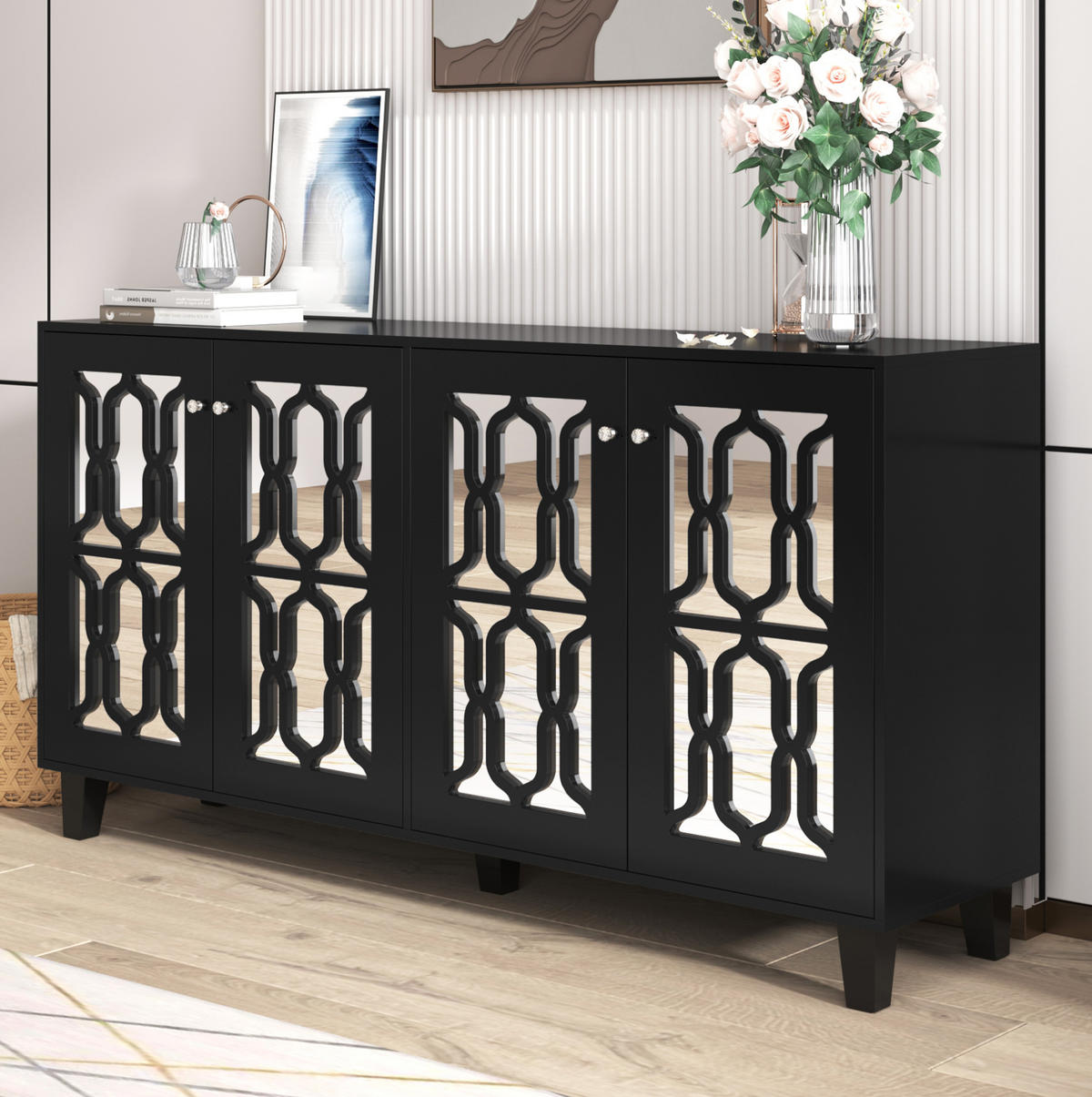 SIDEBOARD in Schwarz mit Spiegeloberfläche, 4 Türen und Kristallgriffe, 160/40/84 cm, Schwarz - Schwarz, Holzwerkstoff (160/84/40cm) - Redom