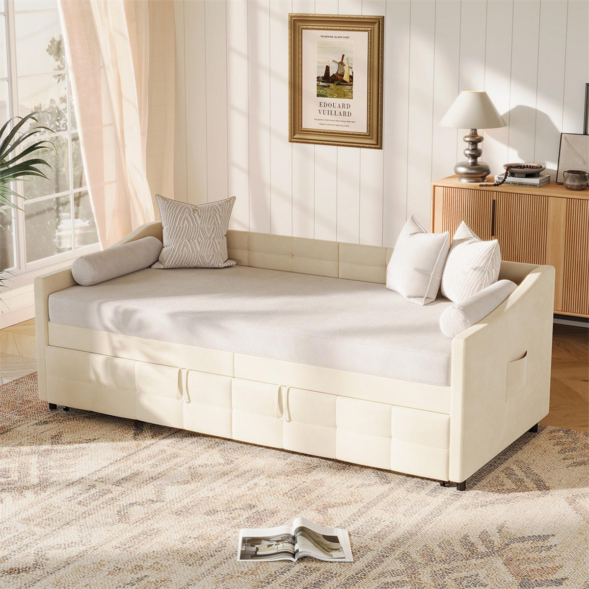 POLSTERBETT 90x200cm mit Ausziehfunktion 90x190cm - Doppelbett 90x200cm&90x190cm - ohne Matratze - Creme - Creme, Textil (90/200cm) - DELFA