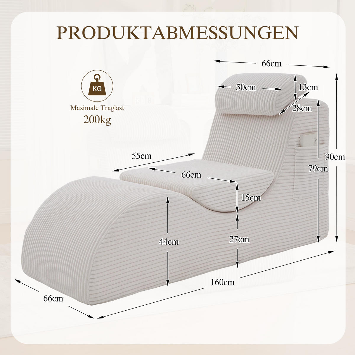 RELAXSESSEL Liege mit Kopfstütze,ergonomischem Design,Beige - Beige, Textil (66/90/160cm) - LVHOM