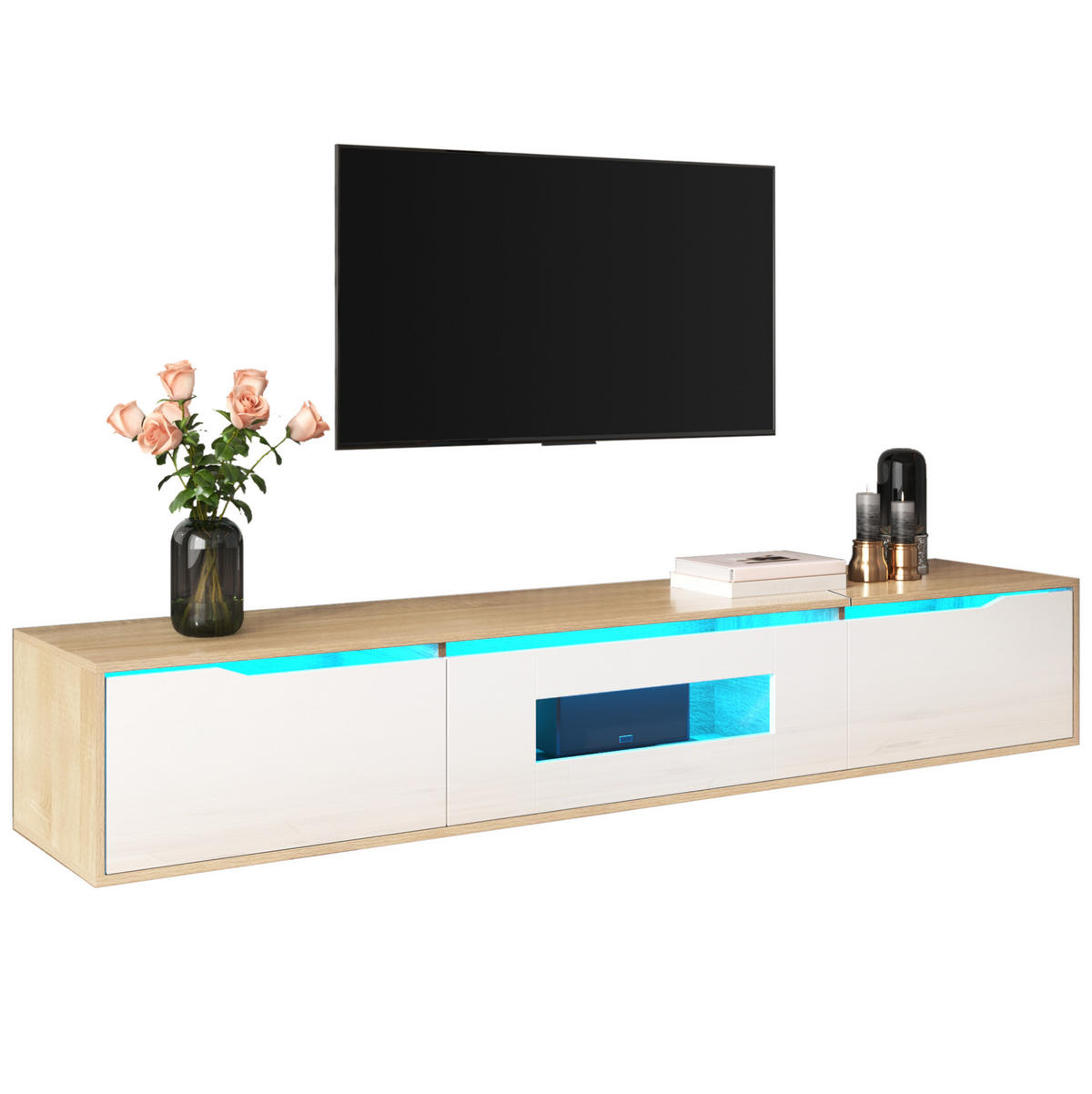 WANDLOWBOARD 180/35/30 cm mit LED-Beleuchtung und Hochglanzfront - Weiß, Holzwerkstoff (180/30/35cm) - BEAOK