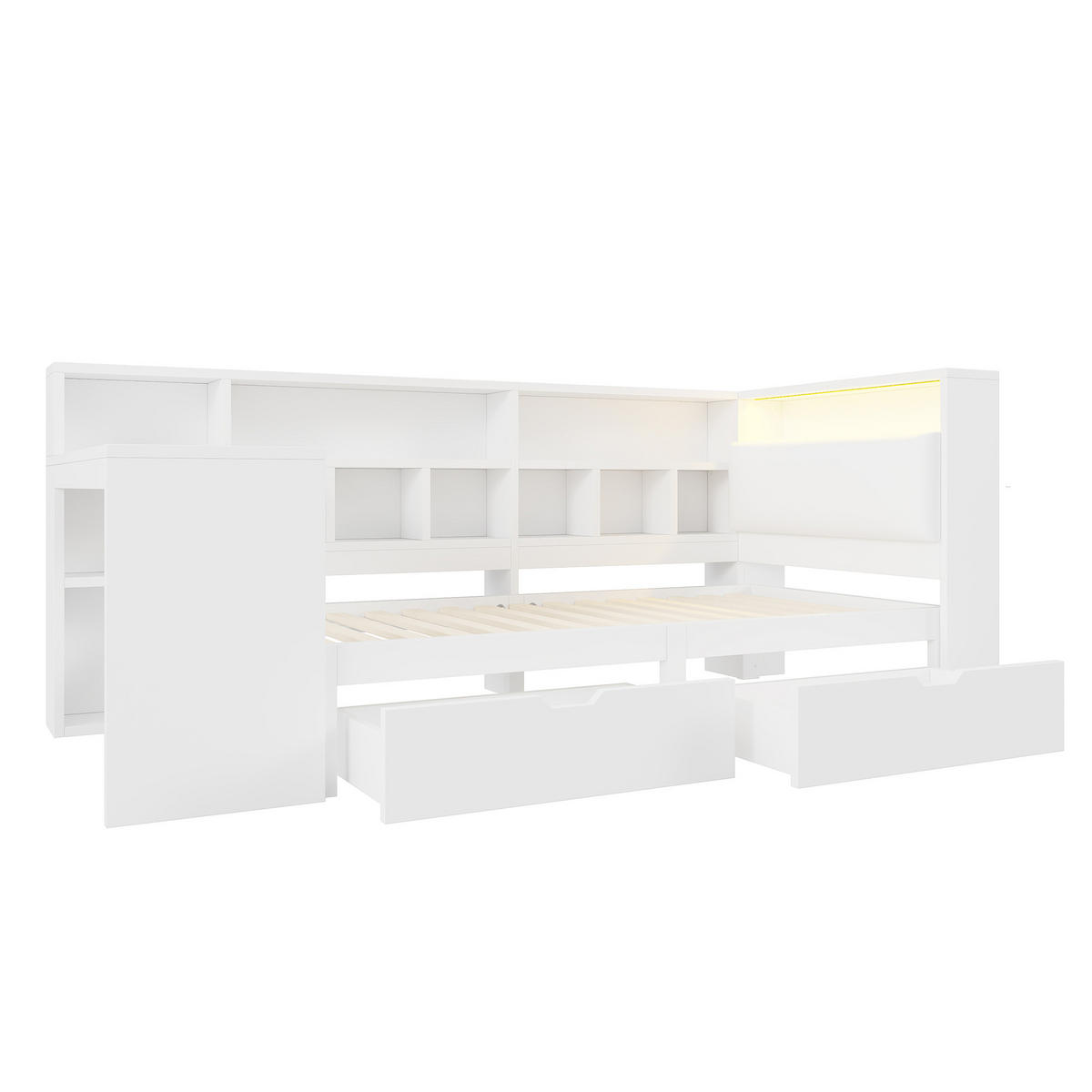 MULTIFUNKTIONSBETT 90/200 cm Weiß L-förmiges Bett mit Schreibtisch Bücherregal und LED-Beleuchtung - Weiß, Holzwerkstoff (90/200cm) - OKWISH