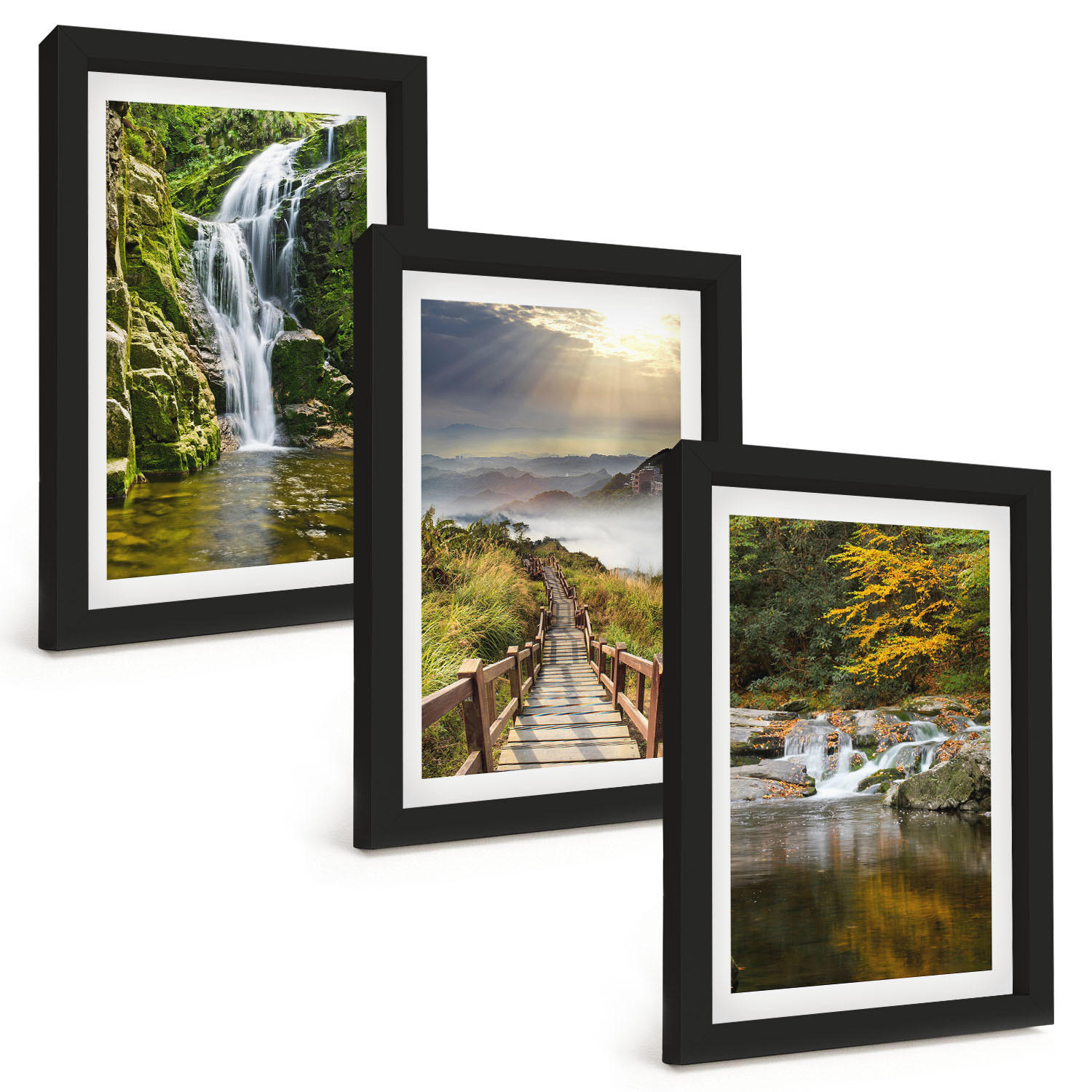 BILDER SET 3er Set - 20x30 cm Schwarzer Rahmen - Wasserfälle, Berge, Wolken, Herbst - Schwarz, Kunststoff (20/30cm) - TULUP