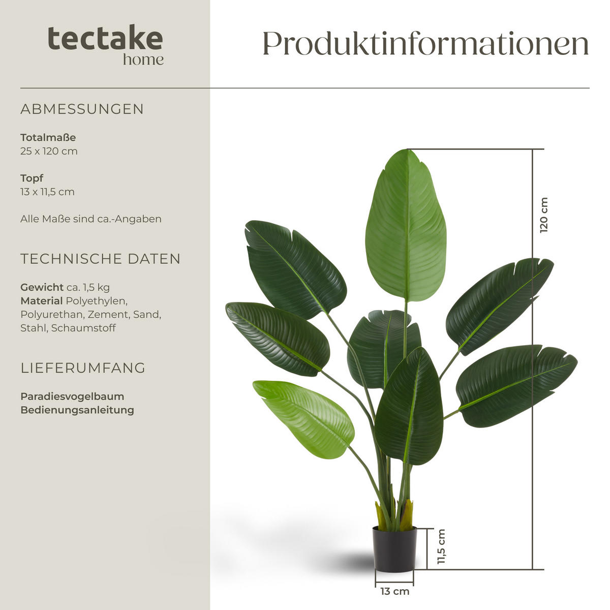 KÜNSTLICHER-PARADIESVOGELBAUM Tropic,stabiler Kunststoff-Blumentopf,grün - Grün, Kunststoff (120cm) - tectake