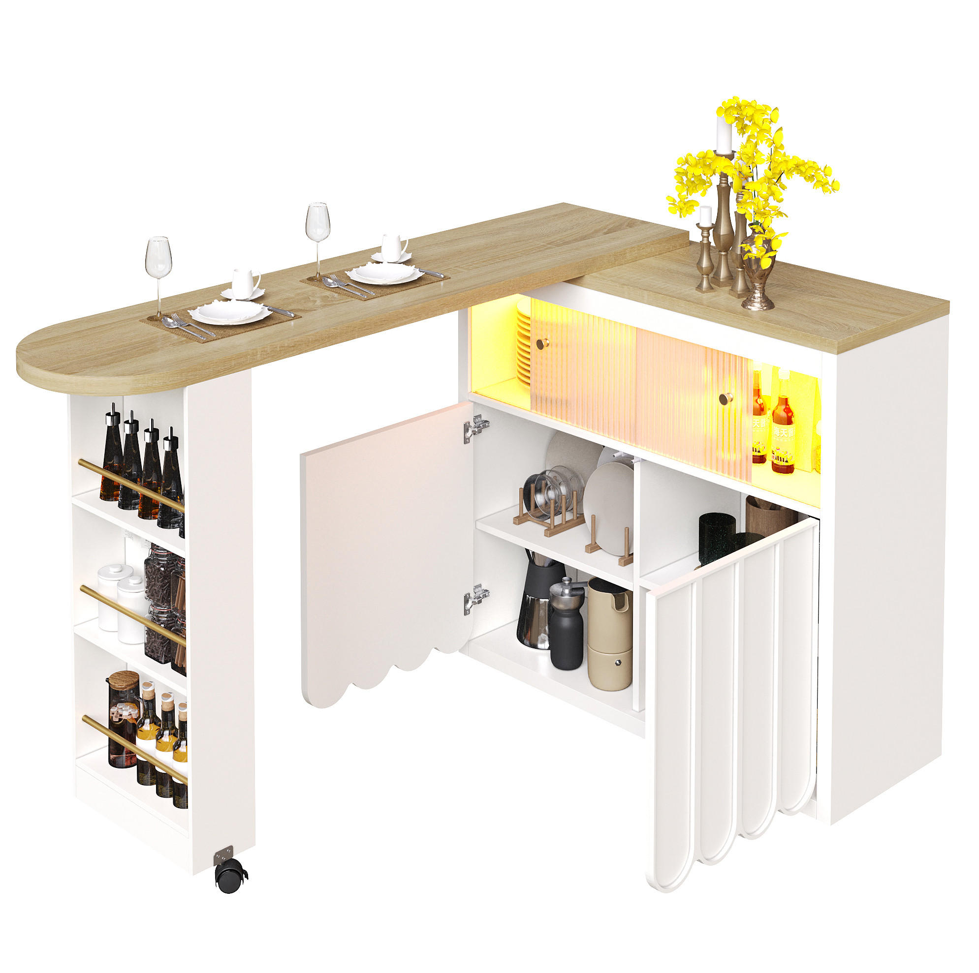 BARTISCH 135-205/39/100 cm in Weiß mit Stauraum und LED - Weiß, Holzwerkstoff (135/39/100cm) - BEAOK