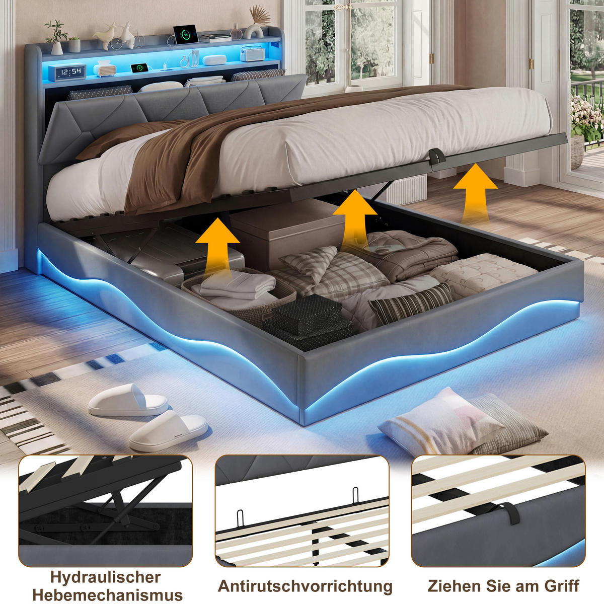 POLSTERBETT 160 x 200, Doppelbett mit Bettkasten und Lattenrost, Kopfteil, LED, USB, Samt, grau - Grau, Holzwerkstoff/Textil (160/200cm) - GENKI LIVING
