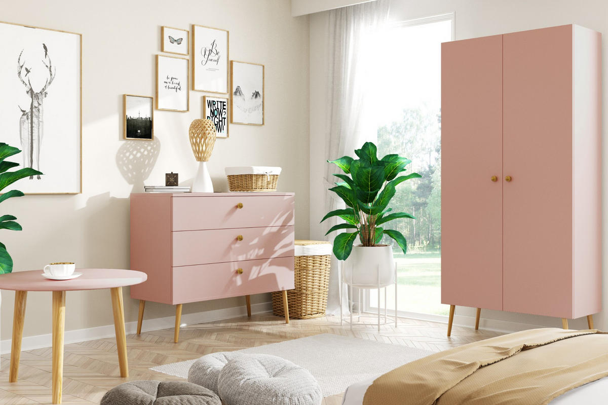 SCHRANK Rosa Boho Tiefe Holzbeine 5 Regale - Rosa, Holzwerkstoff (87/212/41cm) - Sepro Meble