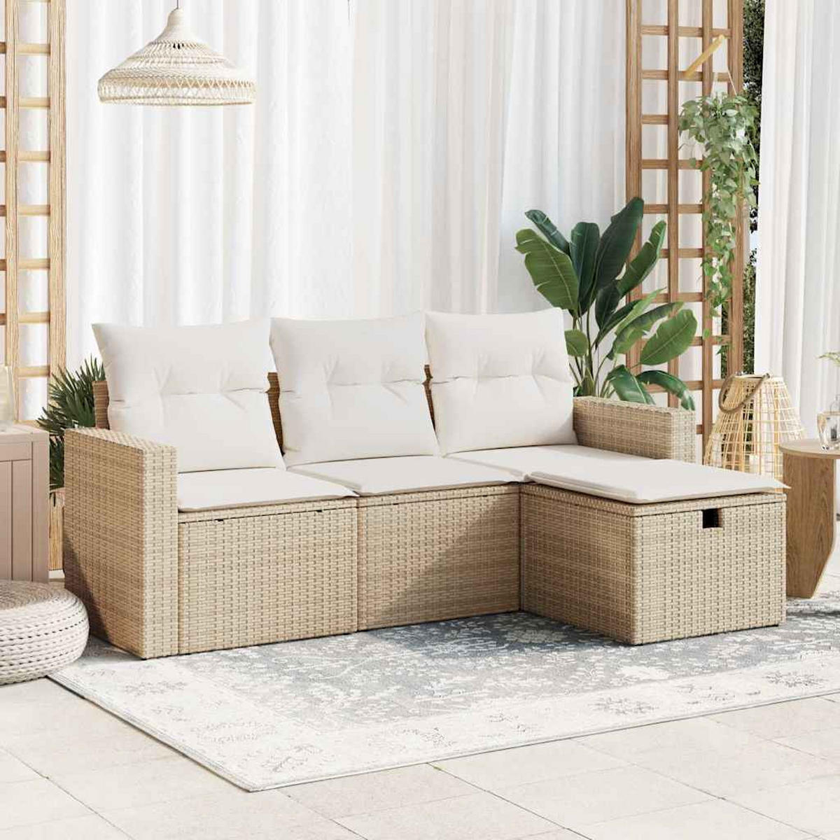 GARTEN-SOFAGARNITUR 4-TLG. Mit Kissen Beige Poly Rattan - Beige, Kunststoff - vidaXL