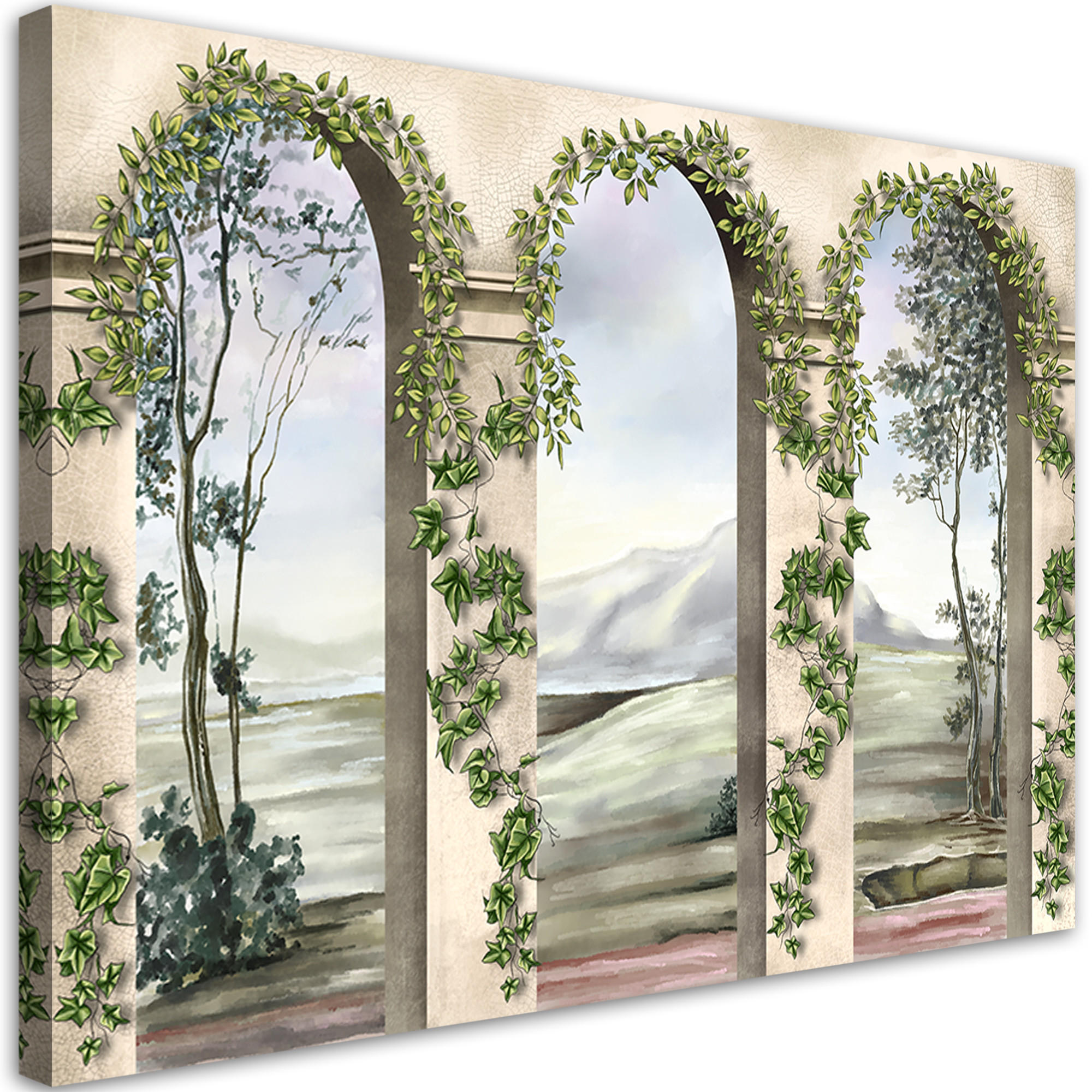 WANDBILD säulen und bögen mit efeu - Beige, Textil (60/40cm) - Feeby