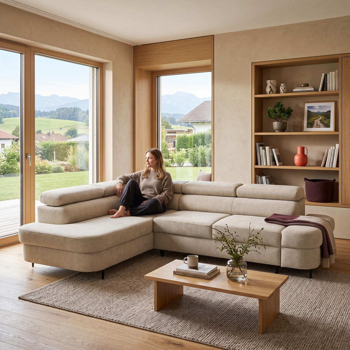 ECKSOFA PRIAM L Links mit Schlaffunktion 125x195 Velours Beige - Beige/Schwarz, Holz/Textil (203/275cm) - Muffo