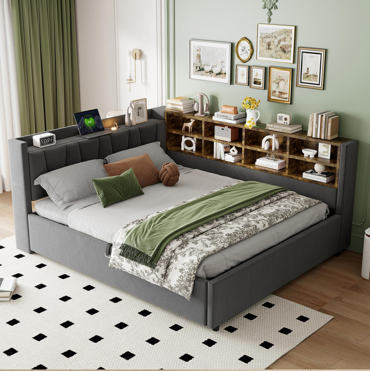 POLSTERBETT Schlafsofa aus Samt 140x200 cm Dunkelgrau mit Hydraulik-Stauraum, Nachtlicht, USB- und Typ-C-Anschlüssen - Grau, Textil (140/200cm) - Modfu