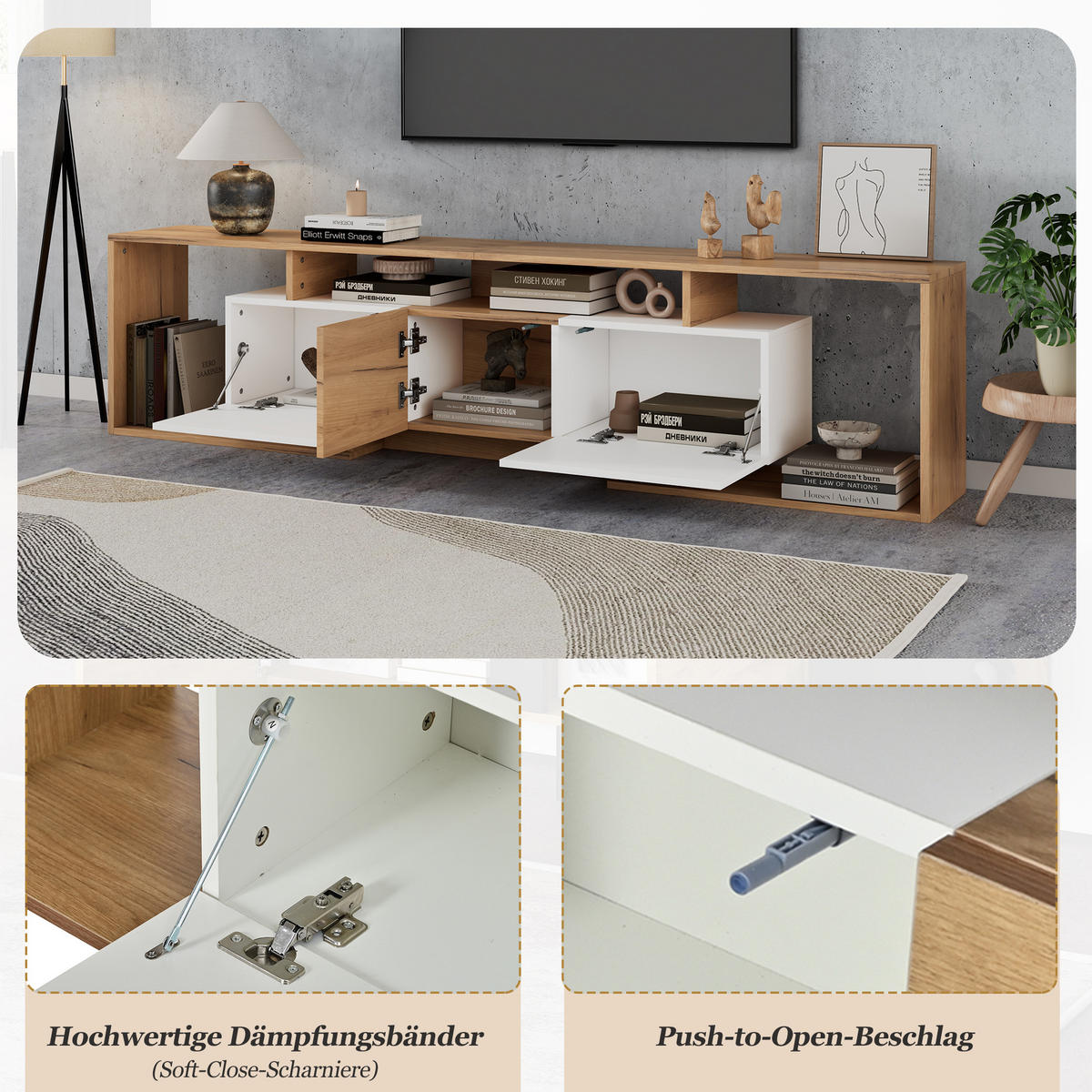 LOWBOARD in Weiß und Naturfarben mit 2 Klapptüren für Wohnzimmer, B180/T30/H49 - Weiß, Holzwerkstoff (180/49/30cm) - STILVORA