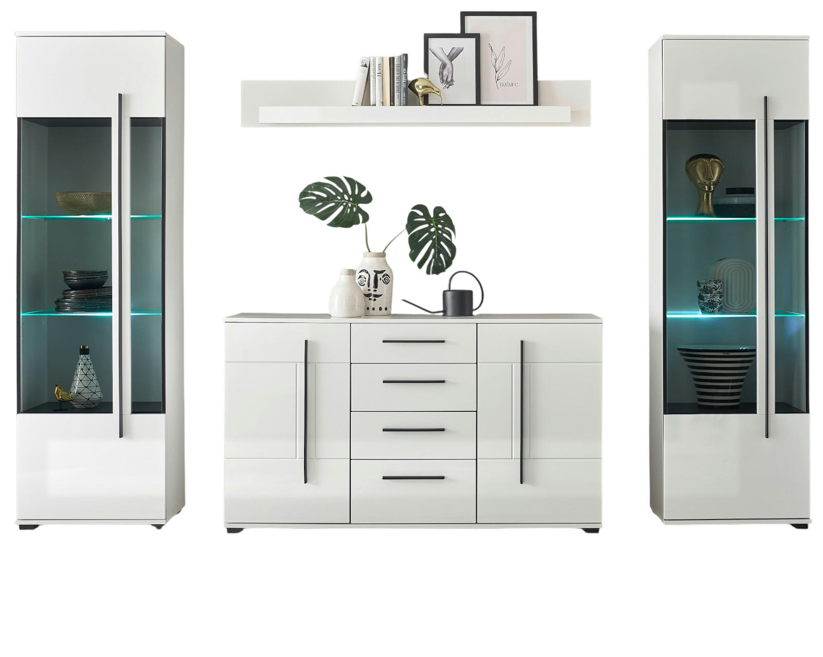 Furn.Design Wohnwand Weiß, Weiß Hochglanz 290x200x42 cm