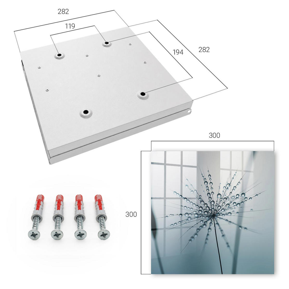 SCHLÜSSELBOX Weiß 30x30 cm – Türöffnung nach rechts - Löwenzahn und Wassertropfen - Grau, Metall (30/30/5cm) - TULUP
