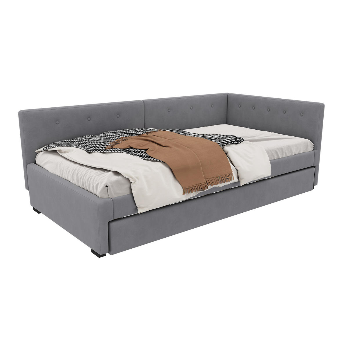 TAGESBETT 90/200 cm mit ausziehbarem Rollbett, Samtbezug und Lattenrost, Grau - Grau, Textil (90/200cm) - Redom