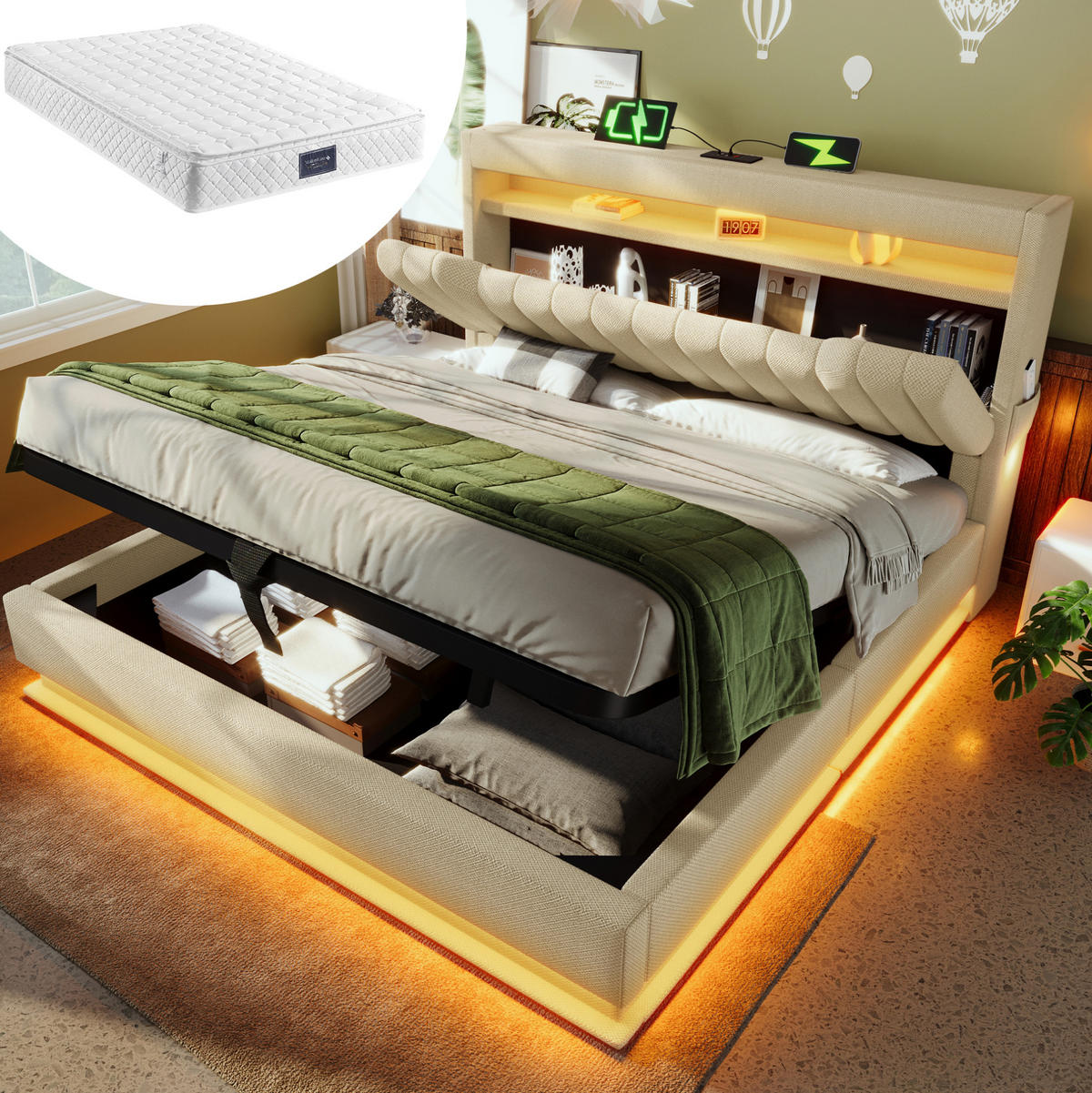 POLSTERBETT mit Stauraum, LED und Matratze 140x200 cm Leinen Beige - Beige, Metall (140/200cm) - Beauniv