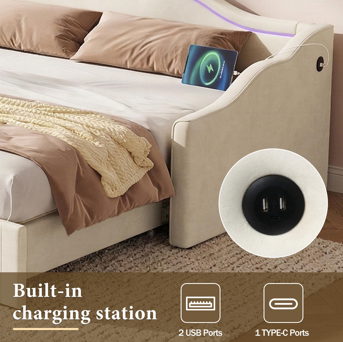 POLSTERBETT 90/180×200 cm aus Samt in Beige mit LED und USB- und Type-C-Anschlüssen - Beige, Textil (90/200cm) - Flora Grace