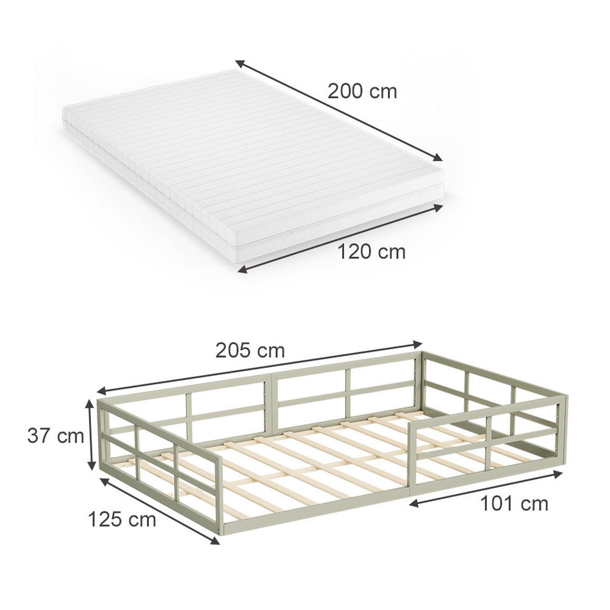 BODENBETT AUS METALL Minno Greige 120x200 mit Matratze - Greige, Metall - VitaliSpa