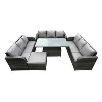 GARTENSOFA-SET HÖHENVERSTELLBARER ESSTISCH Polyrattan Outdoor 10-Sitzer - Dunkelgrau/Grau, Glas/Kunststoff - Fimous