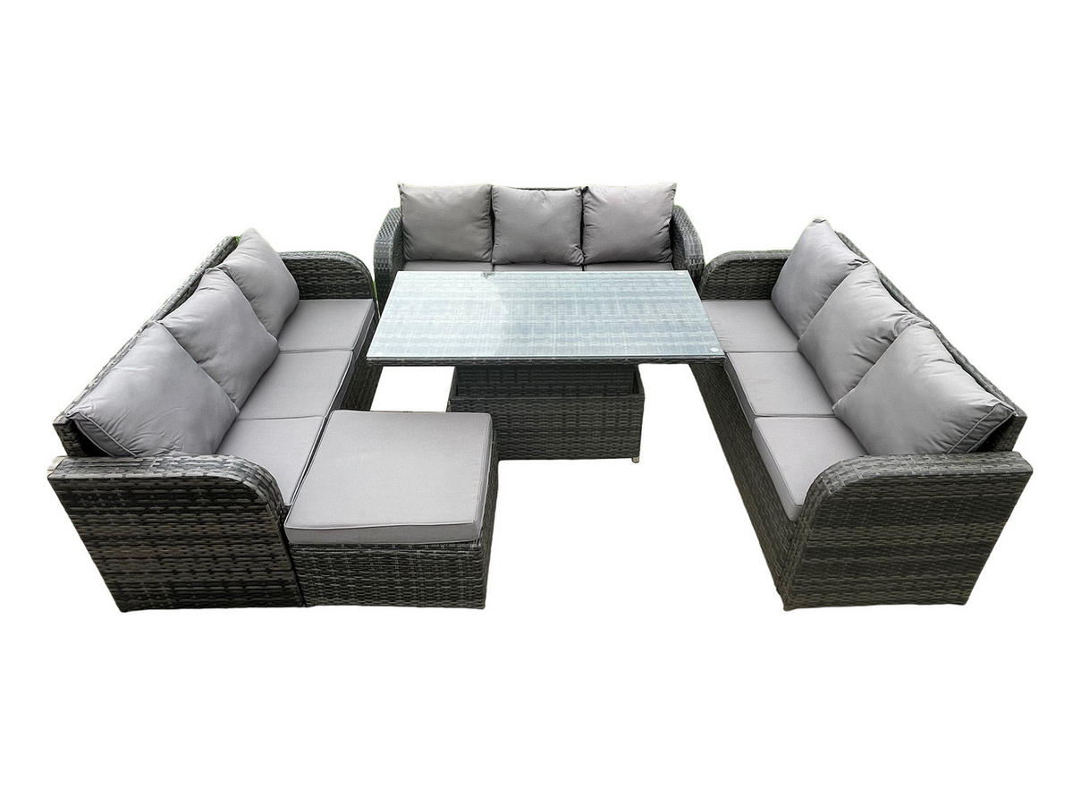 GARTENSOFA-SET HÖHENVERSTELLBARER ESSTISCH Polyrattan Outdoor 10-Sitzer - Dunkelgrau/Grau, Glas/Kunststoff - Fimous