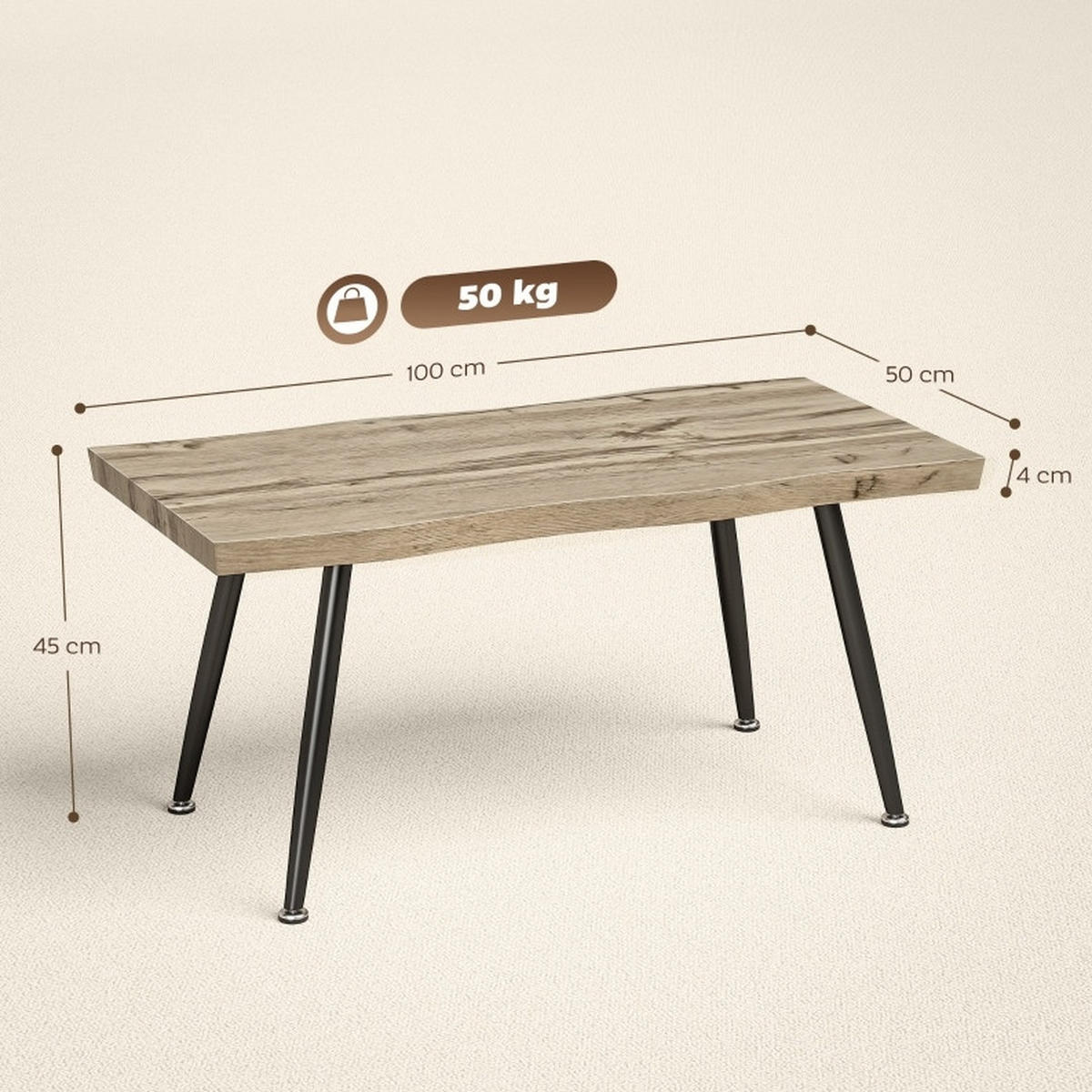COUCHTISCH 100/50/45 cm Eiche aus Holz mit Stahlbeinen - Eichefarben, Holz (100/50/45cm) - OKMYHOME