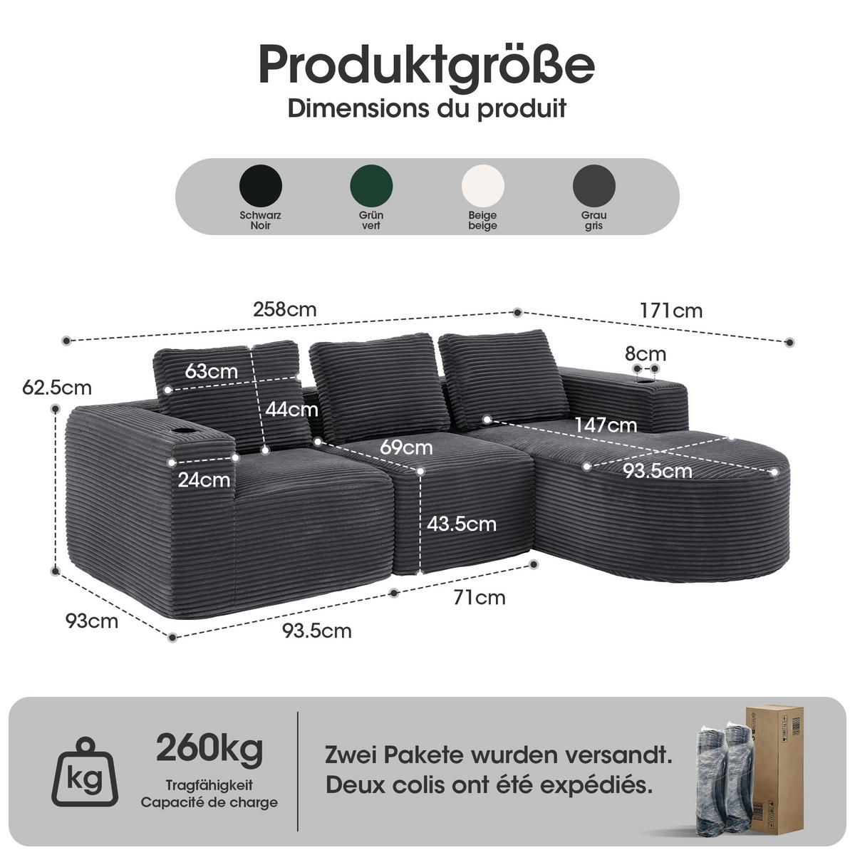 2-SITZER ECKSOFA Cord Dunkelgrau mit Kissen und Becherhalter - Dunkelgrau, Textil (265/176cm) - WISHDOR