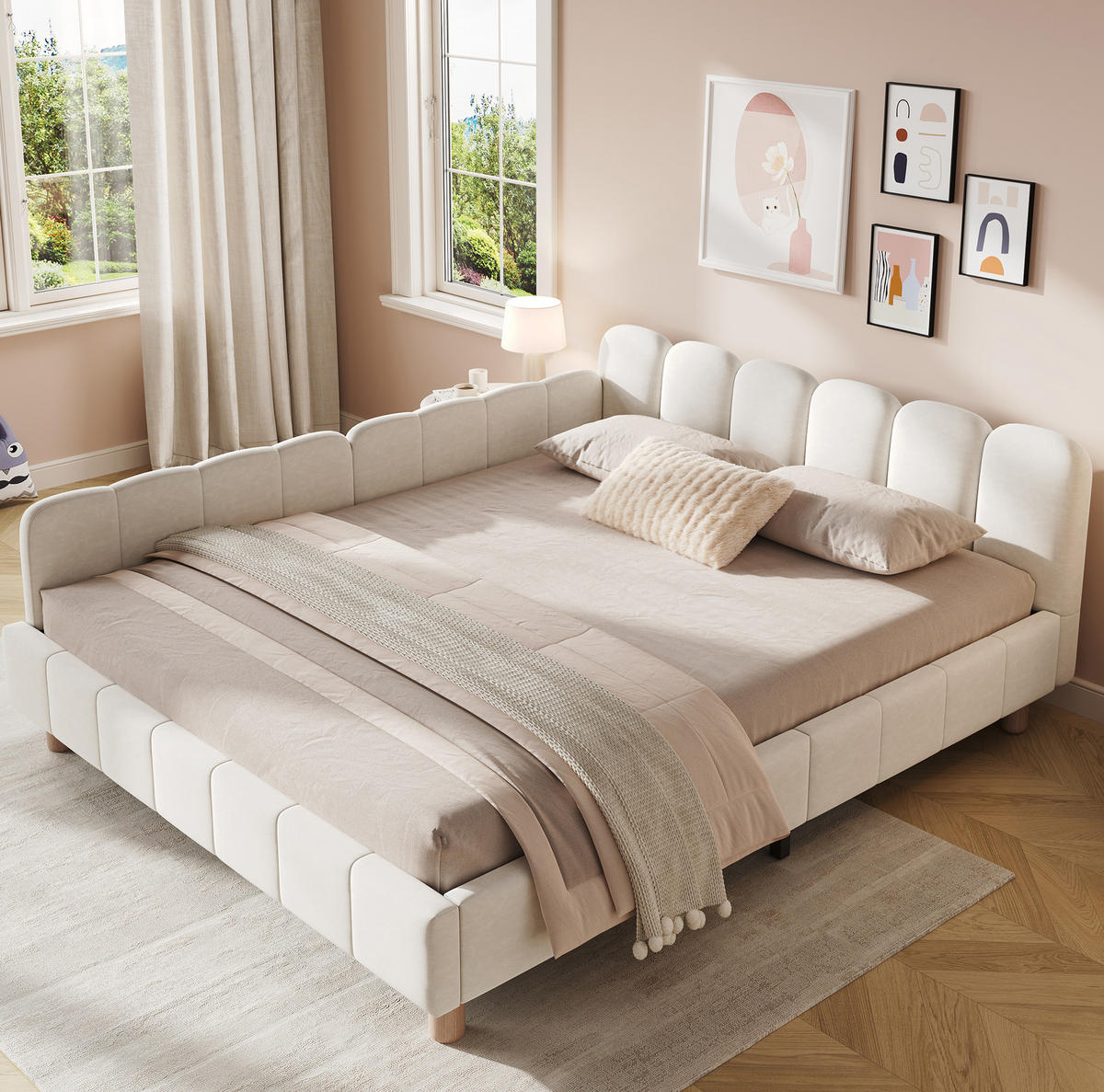 ČALOUNĚNÁ dětská postel 140/200 cm béžová ze sametu s opěrkami a kapsami - béžová, textil (140/200cm) - OKWISH