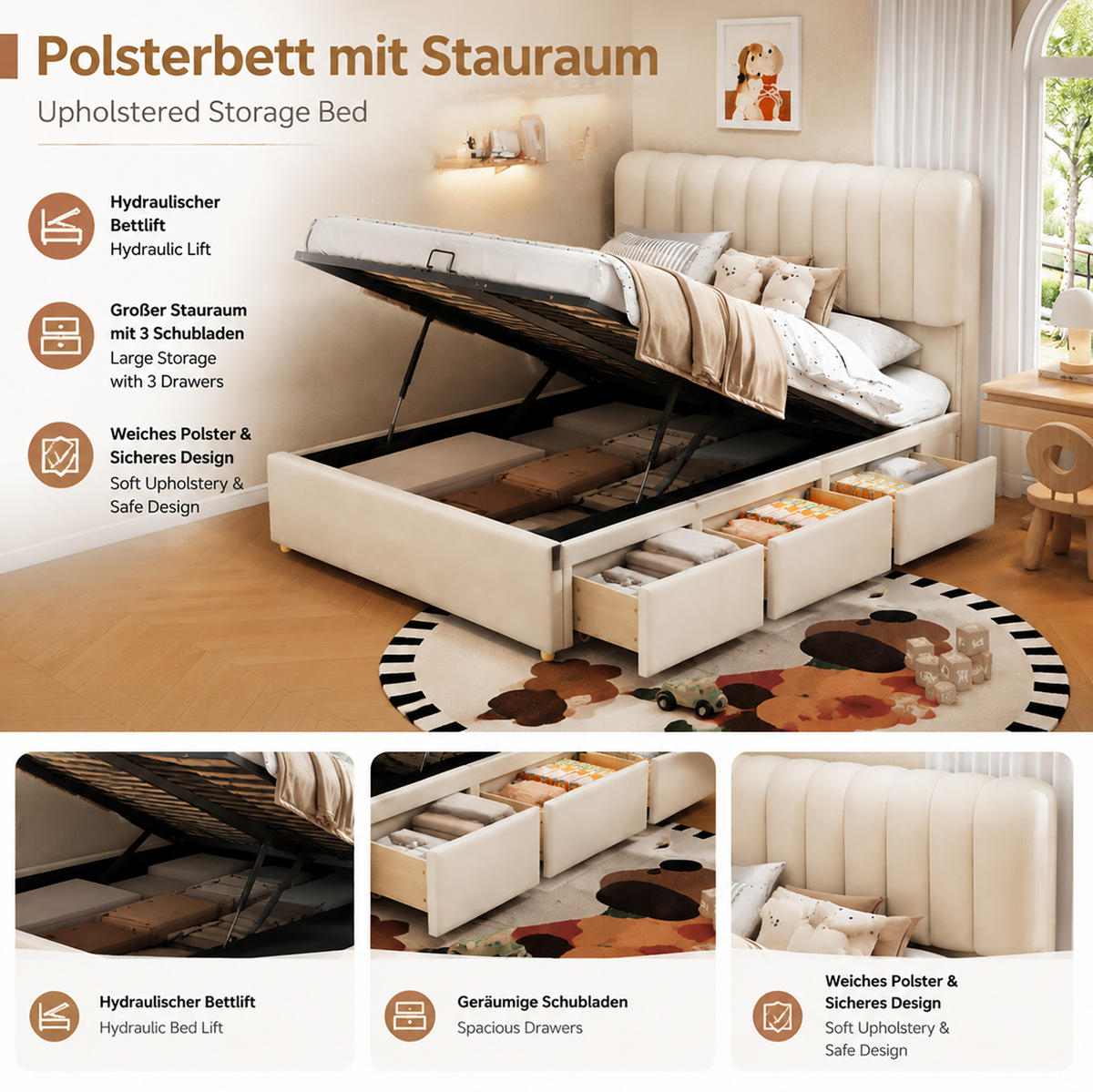 KINDER-POLSTERBETT 140x200 cm in Beige mit Bettkasten, 3 Schubladen und LED-Leiste - Beige, Textil (140/200cm) - IVMEU